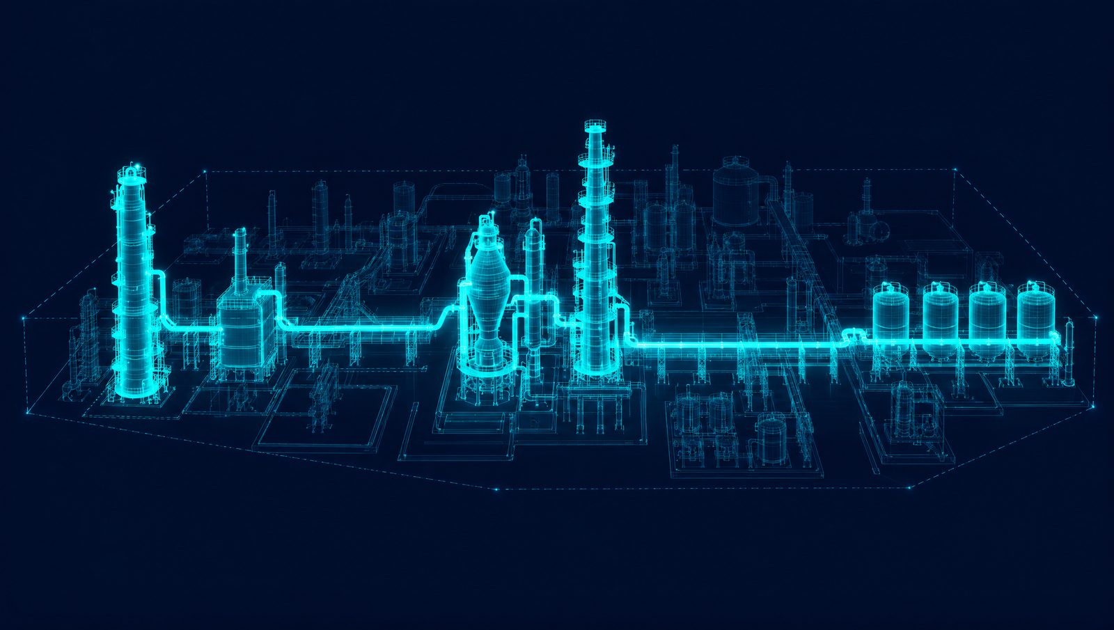 Wireframe illustration of a refinery flow path from crude column through catalytic cracker to blend header and tanks