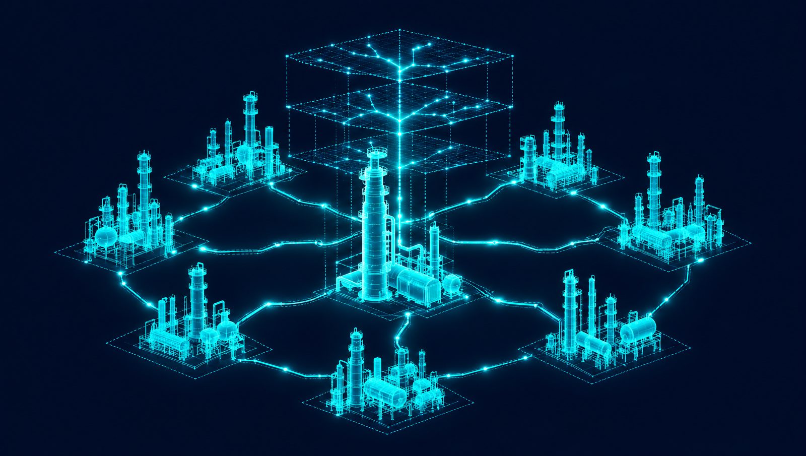 Wireframe illustration of a distillation column with heater and exchangers linked by signal lines to surrounding units