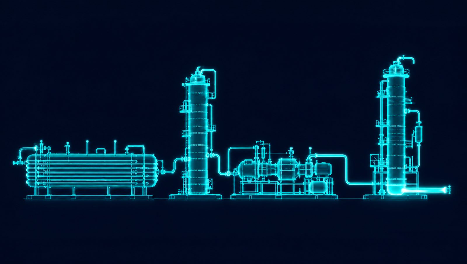 Wireframe illustration of a gas processing train with slug catcher, amine contactor, turboexpander and demethanizer