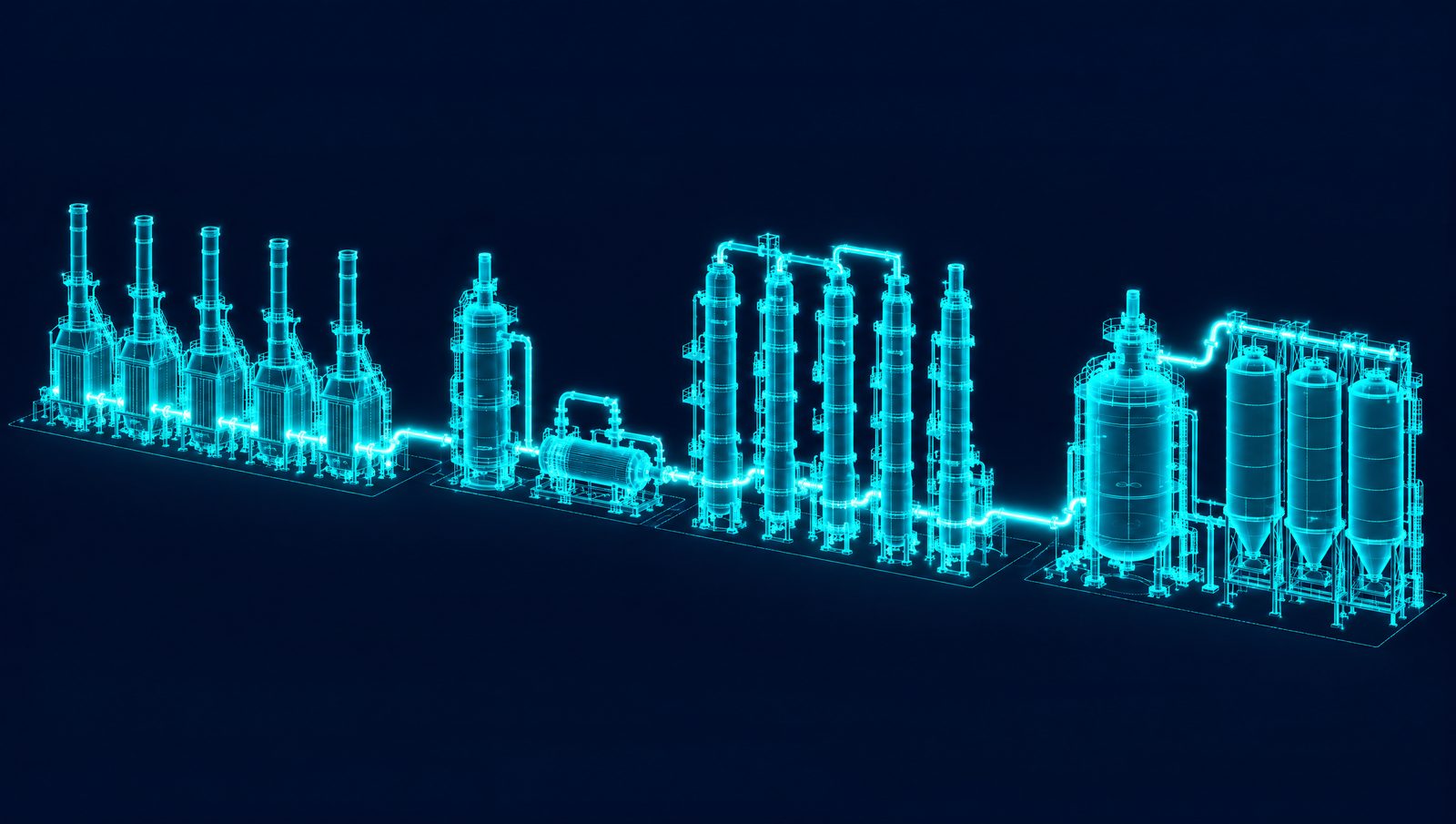 Wireframe illustration of a petrochemical complex with cracker furnaces, a fractionation train and a polymer reactor
