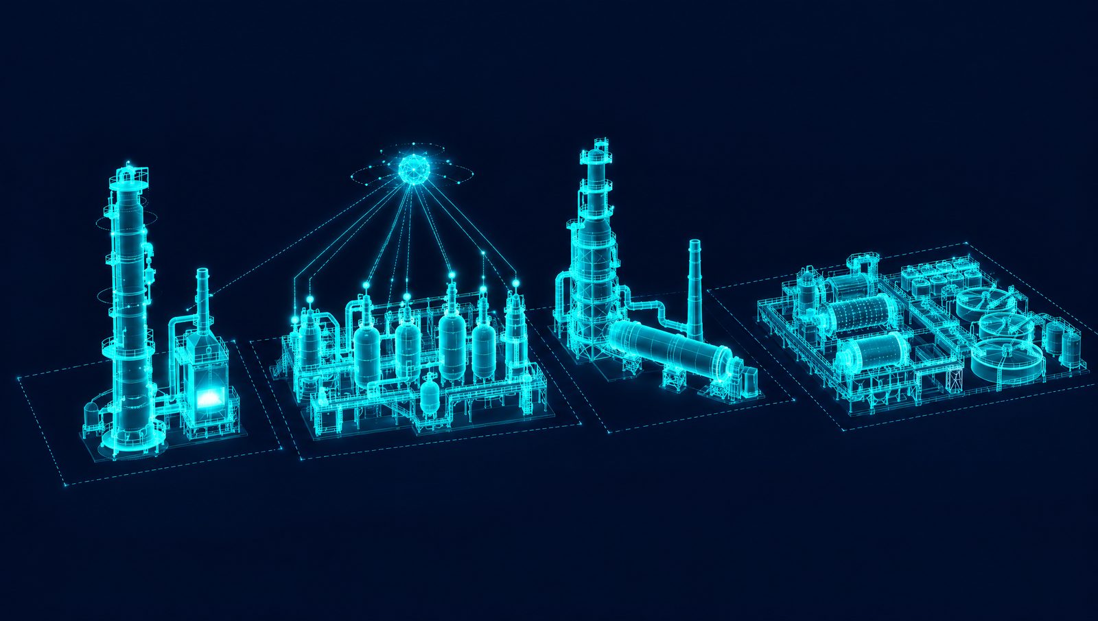 Wireframe illustration of a crude column, chemical reactor train, cement kiln and concentrator, with a control node