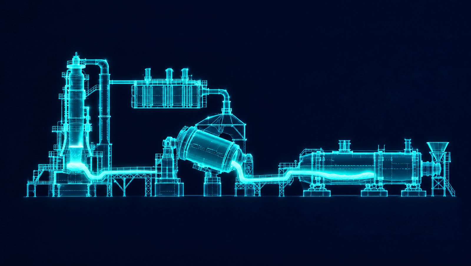 Wireframe illustration of a copper smelter line with flash smelting furnace, waste heat boiler, converter and anode furnace