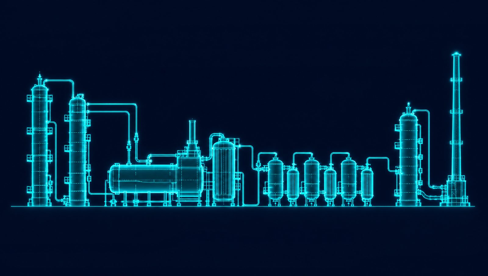 Wireframe illustration of a refinery sulfur block with Claus furnace, catalytic converters, tail gas unit, sour water stripper and amine regenerator