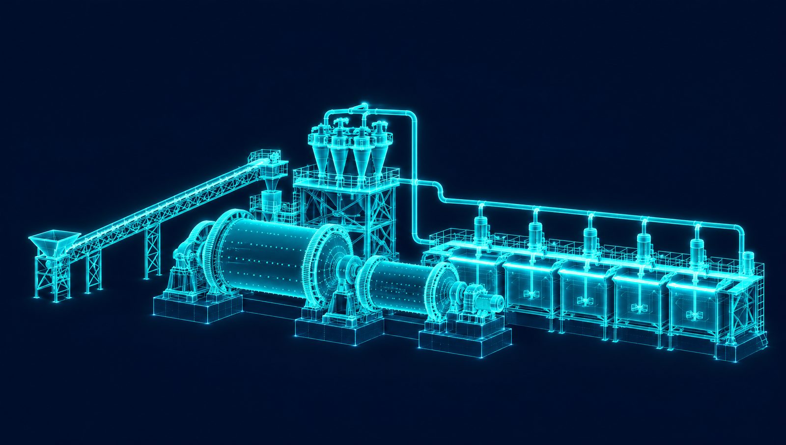 Wireframe illustration of a concentrator grinding circuit with SAG mill, ball mill, hydrocyclones and flotation cells