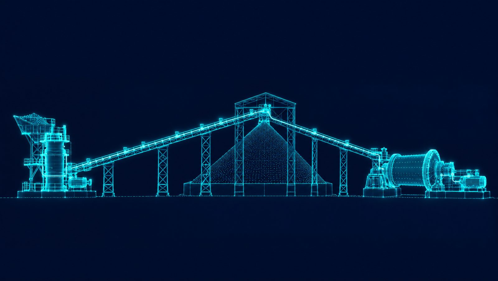 Wireframe illustration of a gyratory crusher, overland conveyor, stockpile and SAG mill linked by instrument signal lines