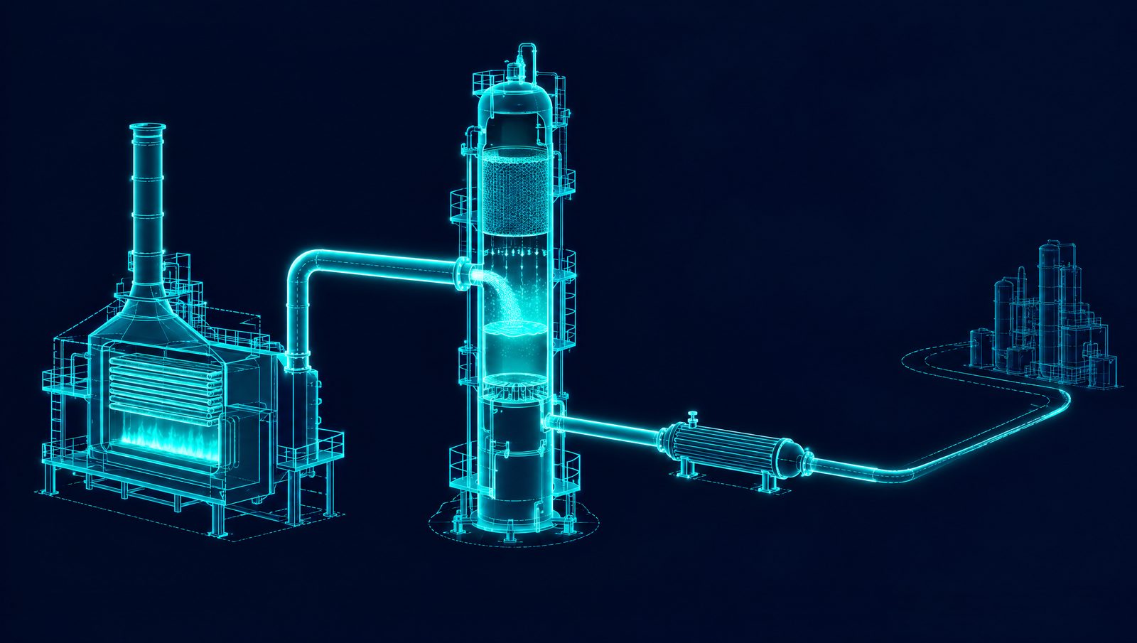 Wireframe illustration of a vacuum distillation unit with fired heater, transfer line and cutaway vacuum column