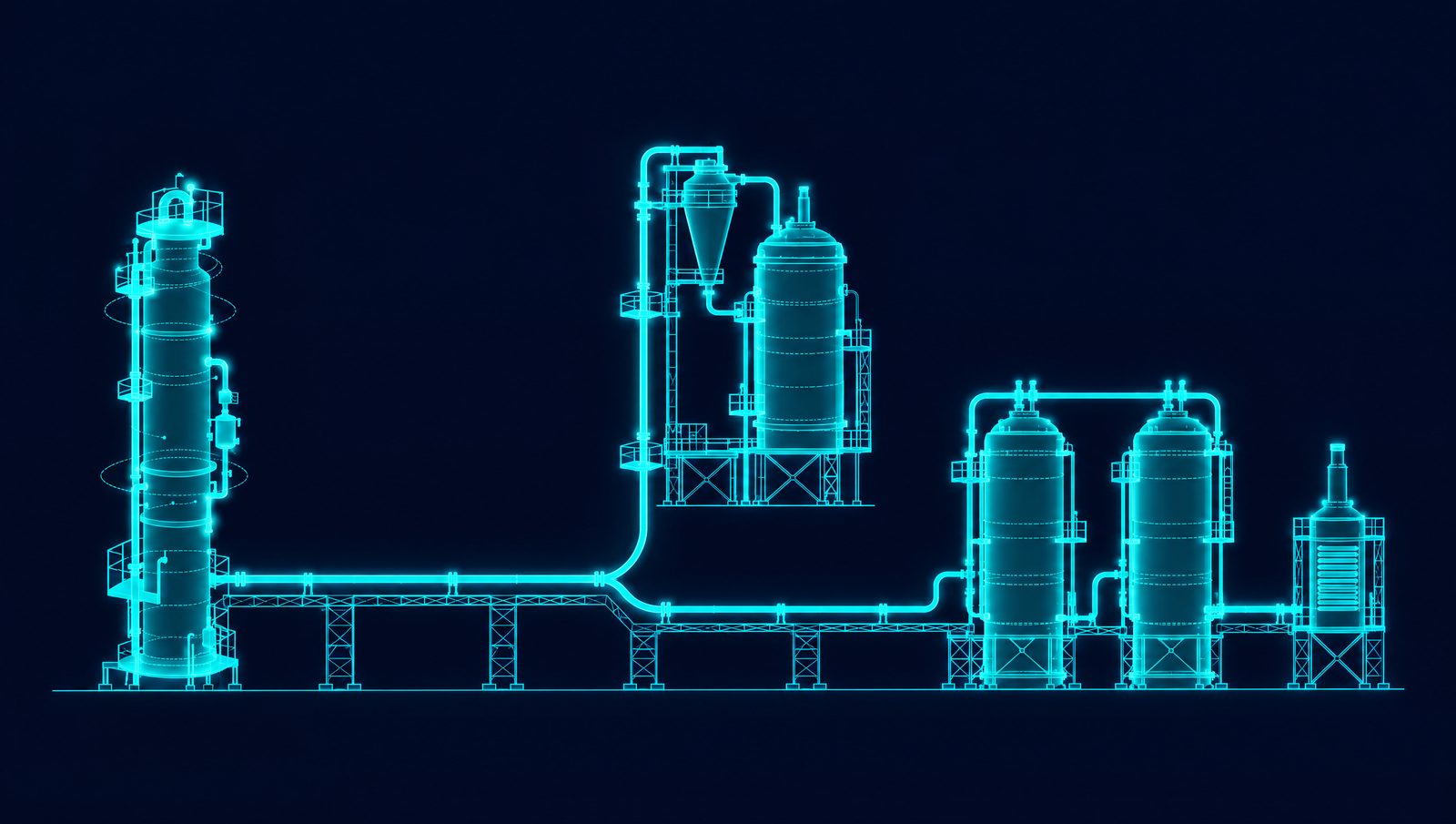 Wireframe illustration of vacuum gas oil routed from a vacuum tower to an FCC unit and a hydrocracker