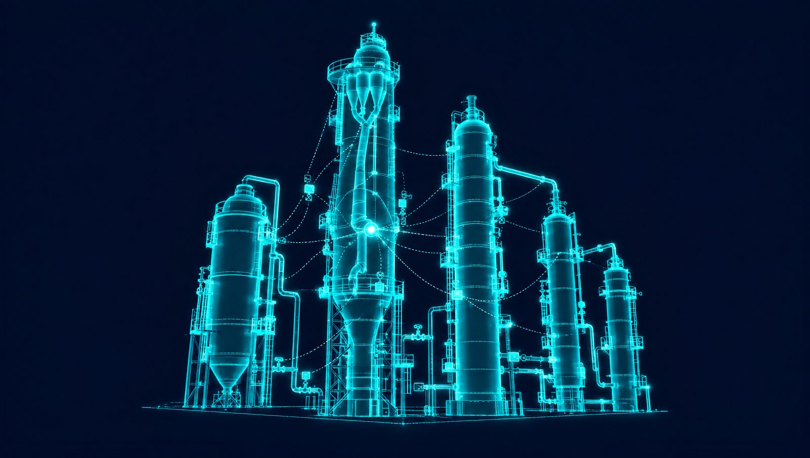 Wireframe rendering of a refinery FCC reactor with a debutanizer and diesel stripper downstream