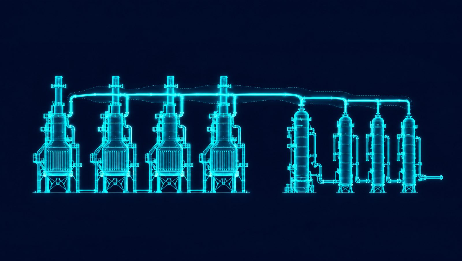 Wireframe illustration of a steam cracker furnace bank with a cracked gas header feeding fractionation columns