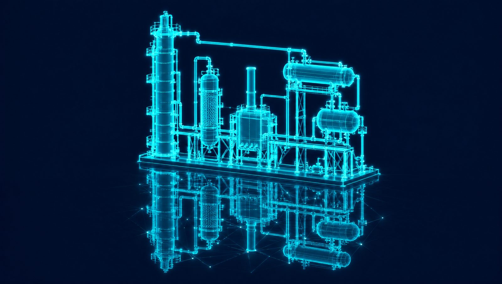 Wireframe rendering of a petrochemical unit beside its simulator twin