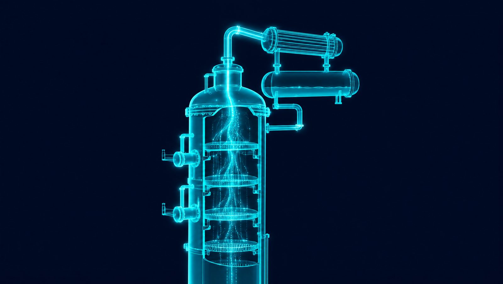 Wireframe rendering of a refinery fractionator with its overhead system and side draws