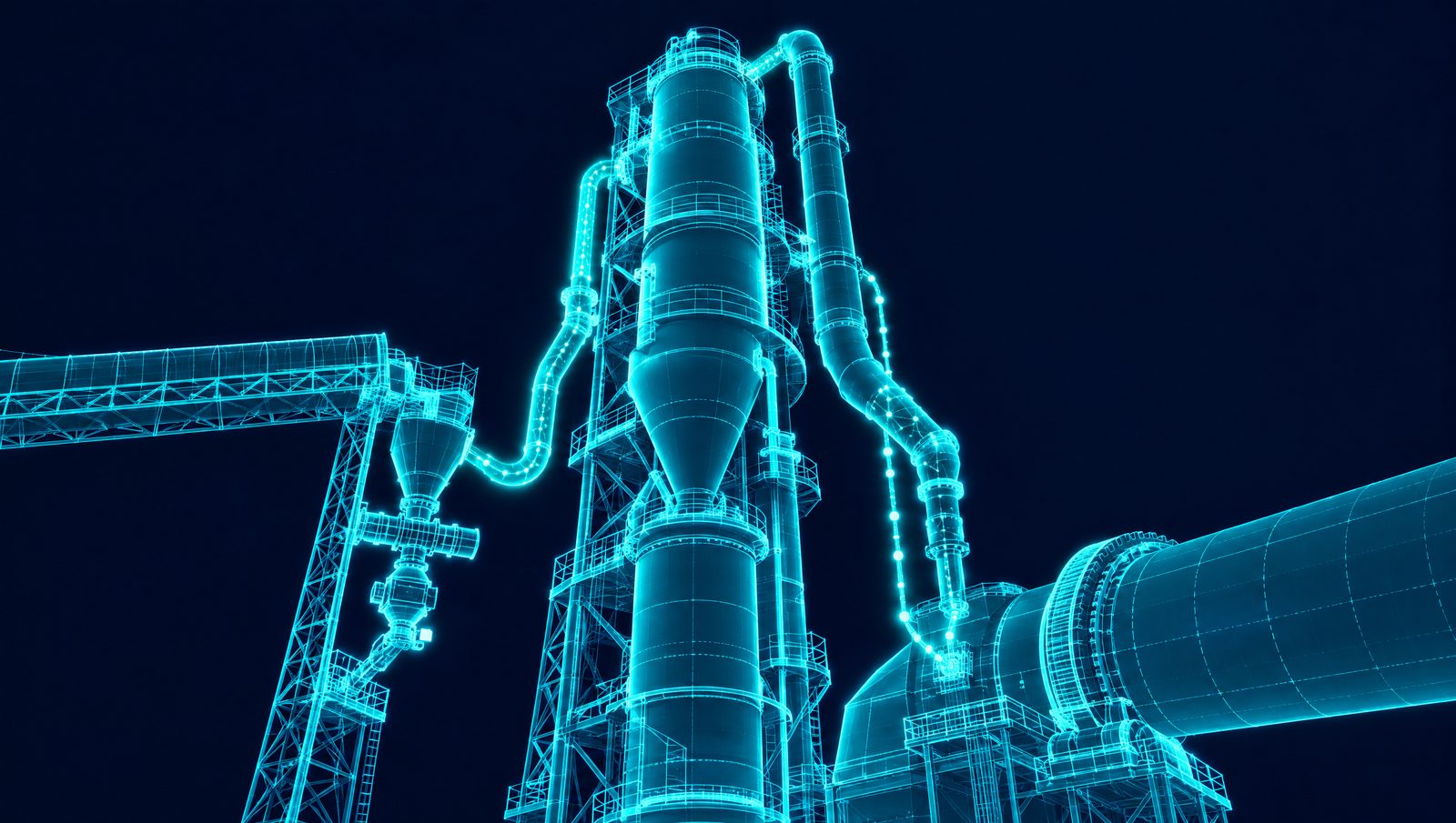Wireframe rendering of a cement preheater tower, calciner and rotary kiln with an alternative-fuel feed line