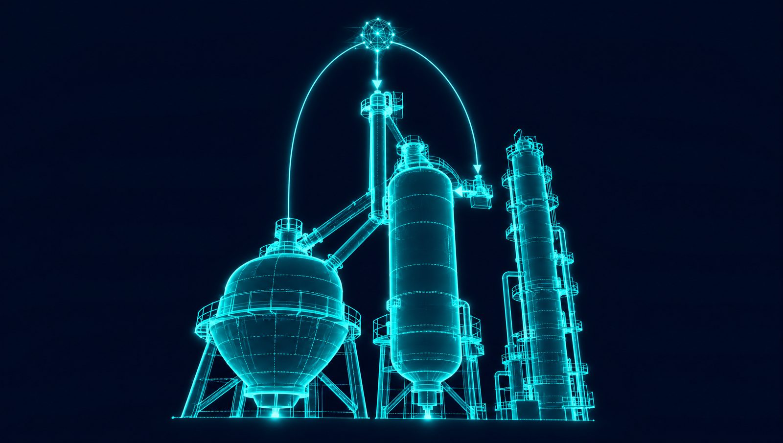 Wireframe rendering of an FCC reactor-regenerator and main fractionator with a control loop back to the riser outlet temperature