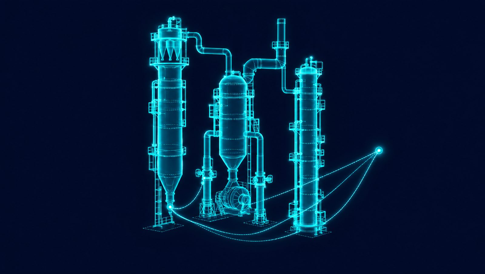 Wireframe rendering of an FCC reactor-regenerator and main fractionator with a control loop to the riser and slide valves