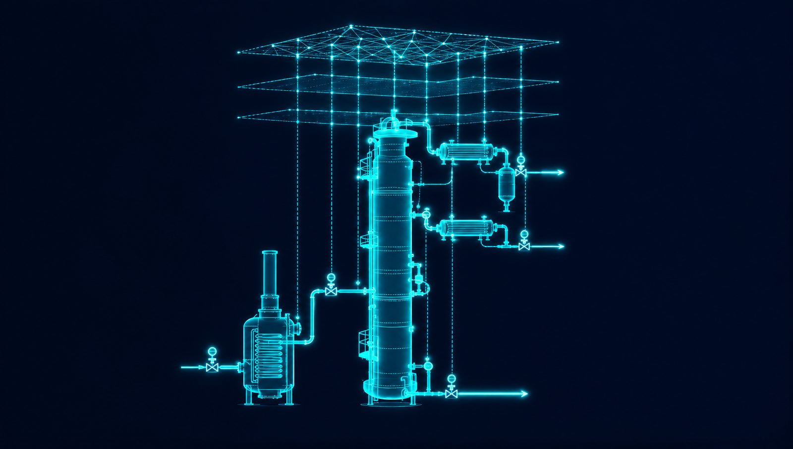 Wireframe illustration of a closed-loop AI layer writing setpoints to APC and DCS above a process unit