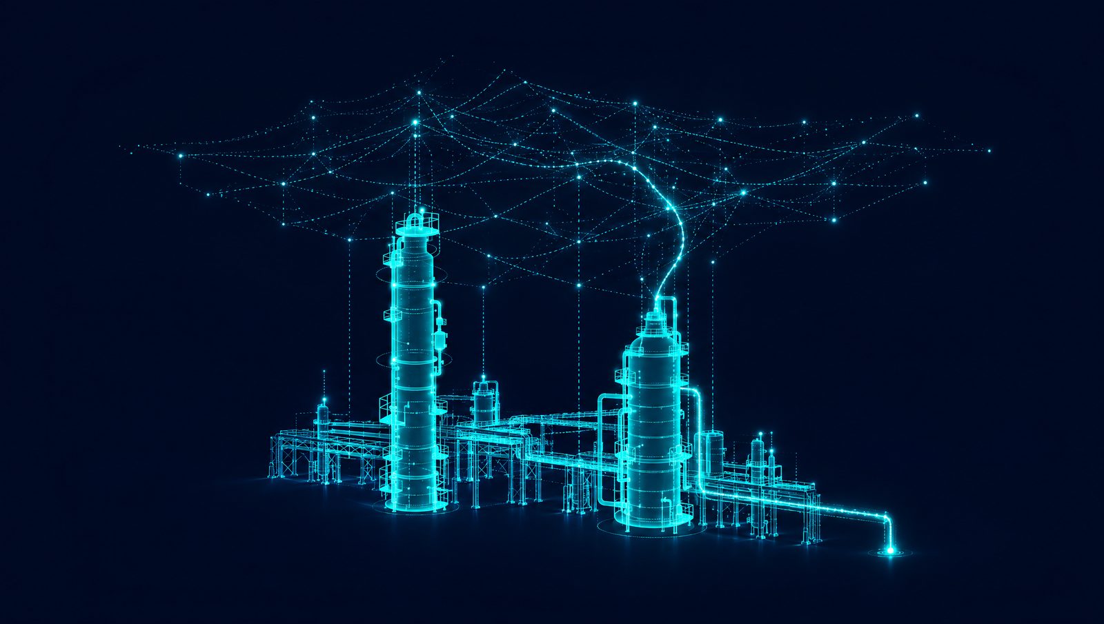 Wireframe illustration of a refinery crude unit with historian data streams feeding a learning process model