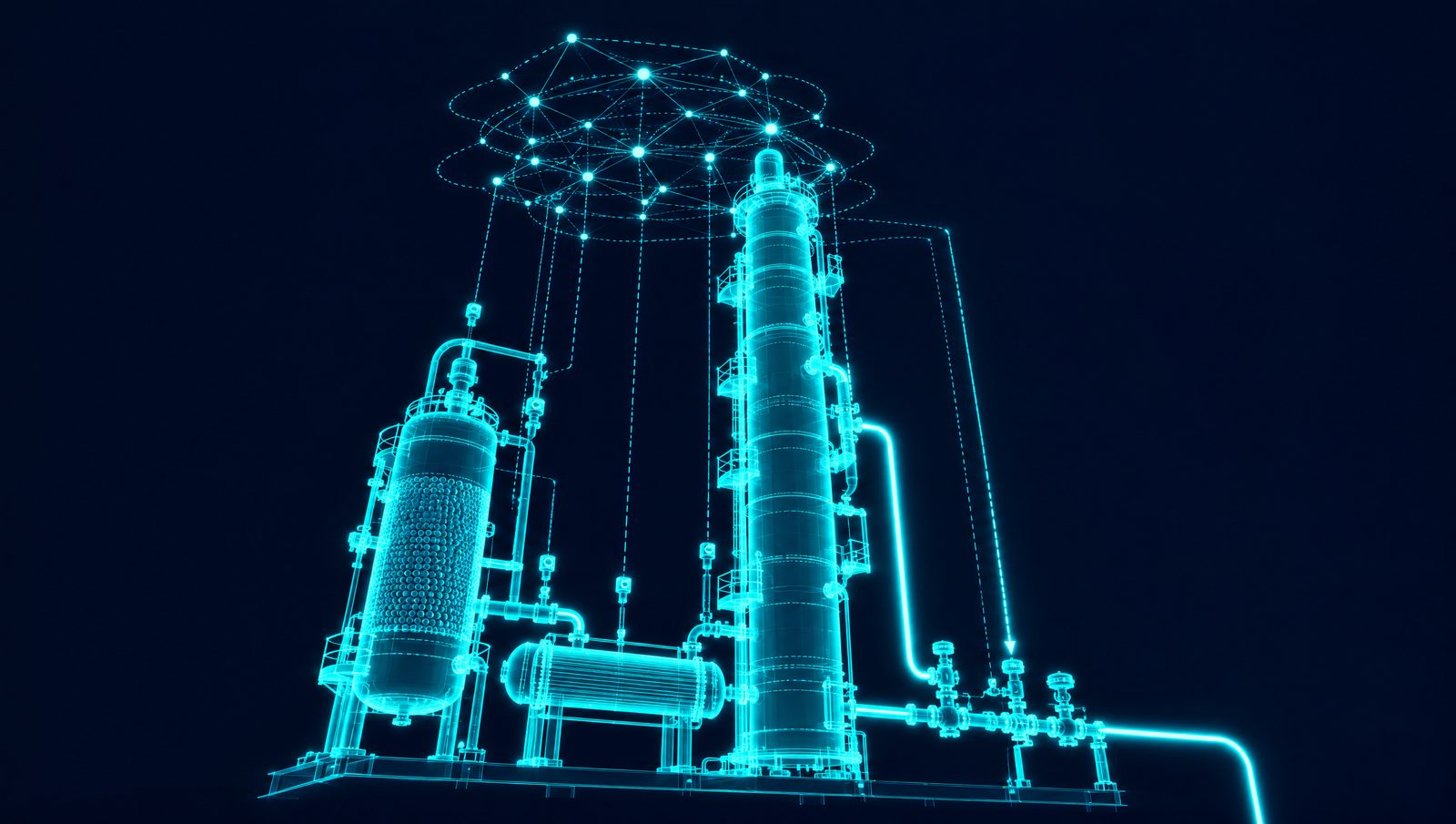 Wireframe illustration of a fixed-bed reactor and distillation column with sensor lines rising to a layered network