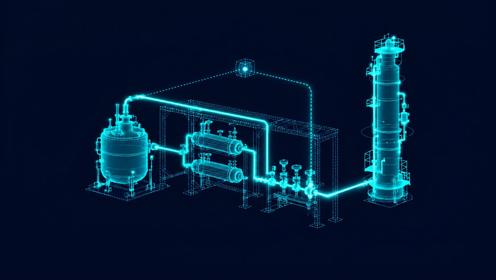Wireframe illustration of a reactor and distillation column with exchangers, control valves and a closed control loop