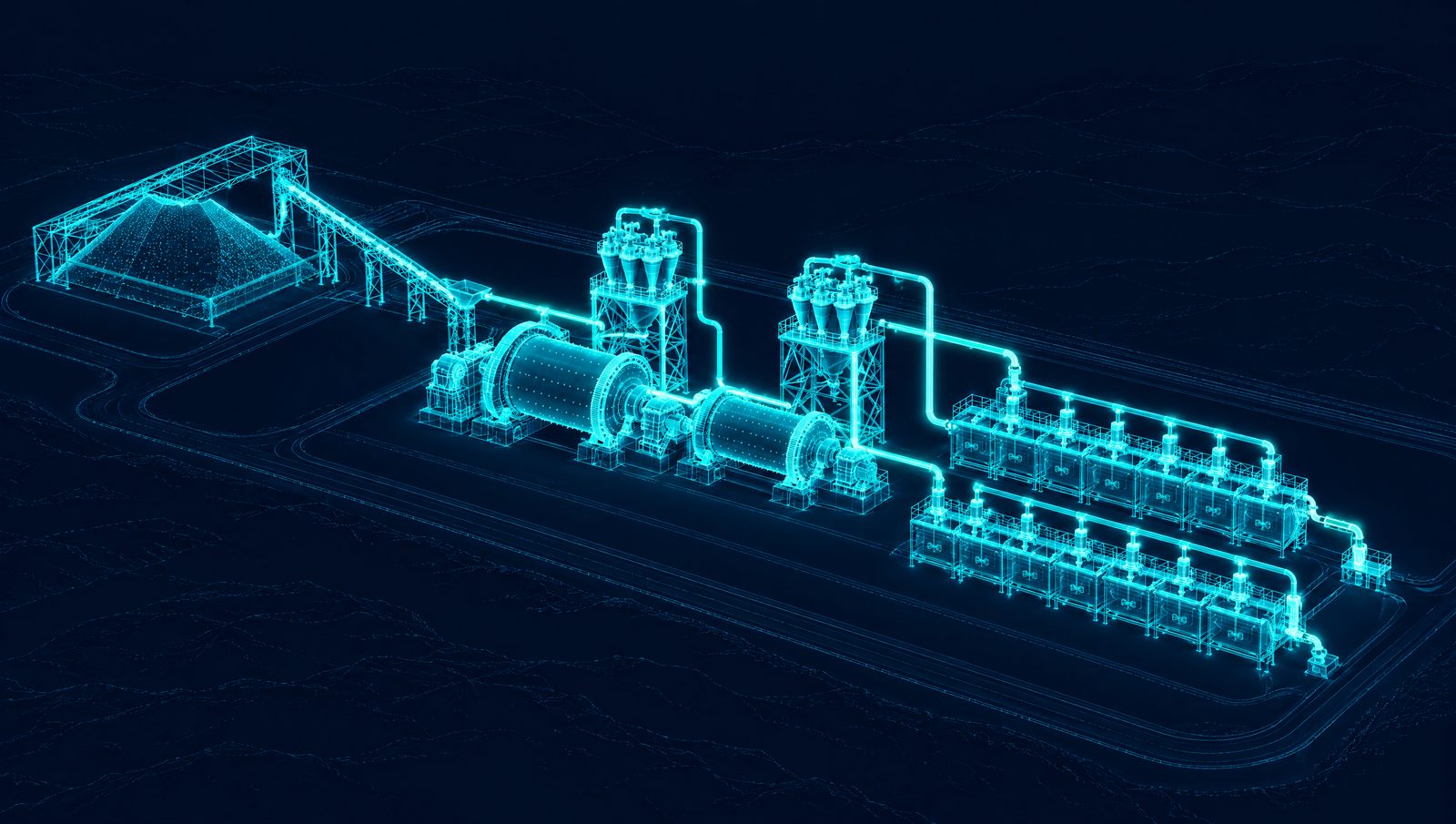 Wireframe illustration of a concentrator with ore stockpile, SAG and ball mills, hydrocyclones and flotation cells