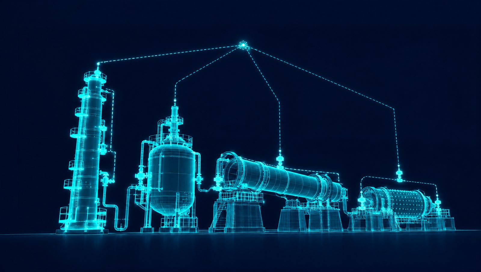 Wireframe of a refinery column, a chemical reactor, a cement kiln and a grinding mill linked by a closed control loop