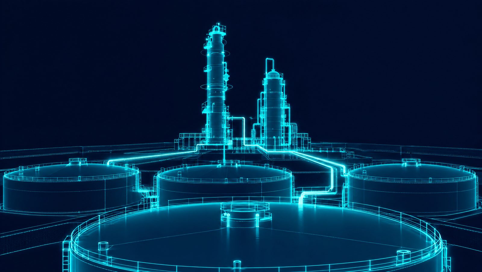 Wireframe illustration of a refinery tank farm with floating-roof tanks, crude column and hydrotreater reactor behind
