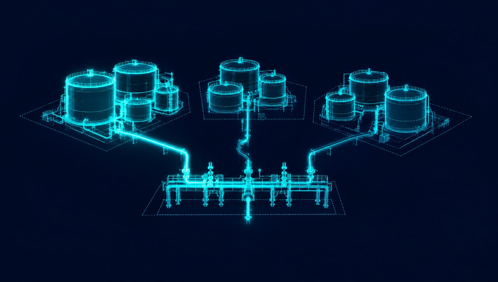 Wireframe illustration of a refinery tank farm with blending header, control valves and gasoline, jet and diesel tanks
