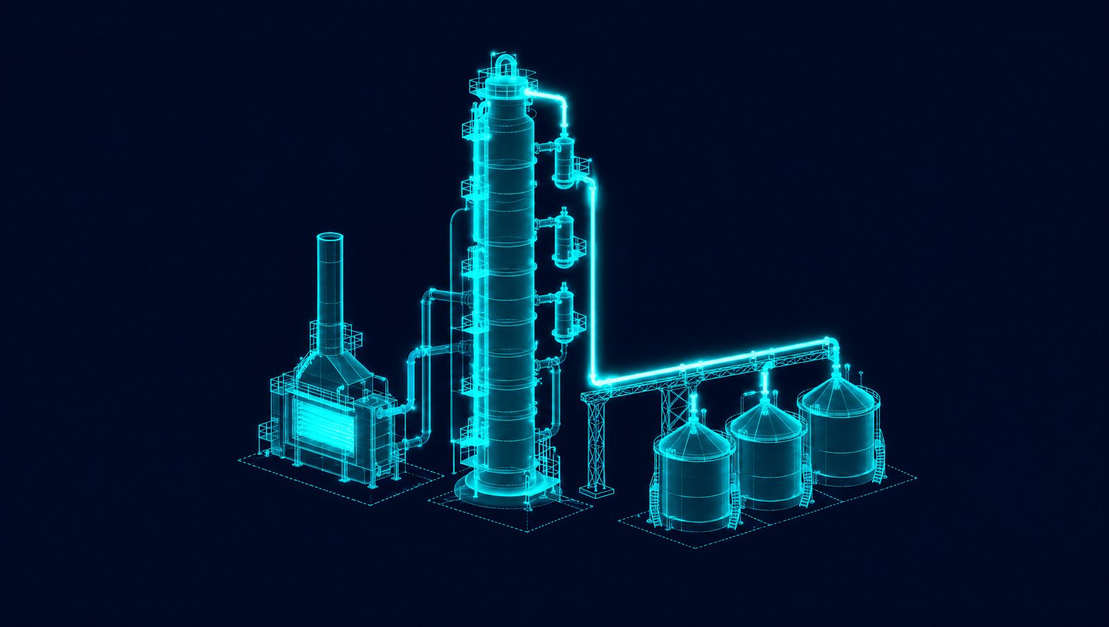 Wireframe illustration of a crude unit with fired heater, atmospheric column and side strippers feeding heating oil tanks