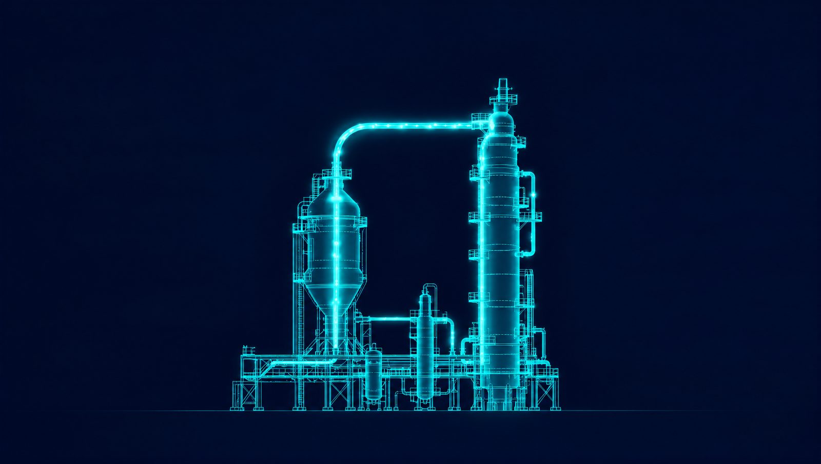 Wireframe illustration of an FCC reactor and regenerator with riser, standpipes and main fractionator