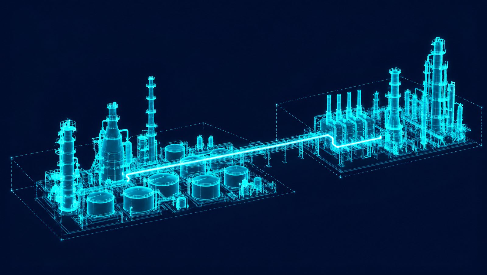 Wireframe illustration of a crude column, catalytic cracker and gasoline tanks piped to a steam cracker