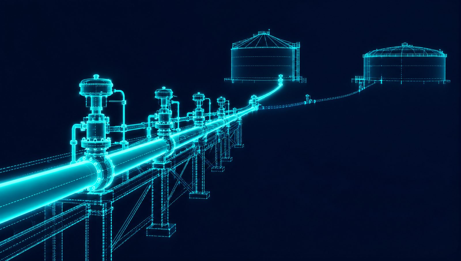 Wireframe illustration of a gasoline blending header on a pipe rack with control valves and product tanks