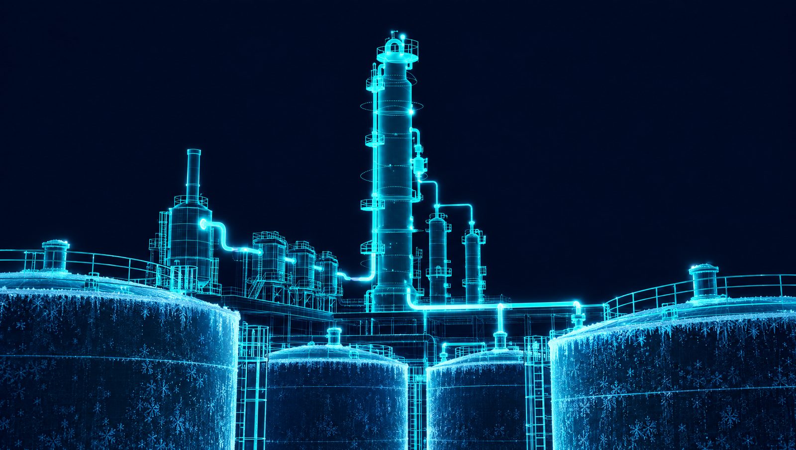 Wireframe illustration of a crude unit with fired heater, atmospheric column and side strippers behind frosted storage tanks