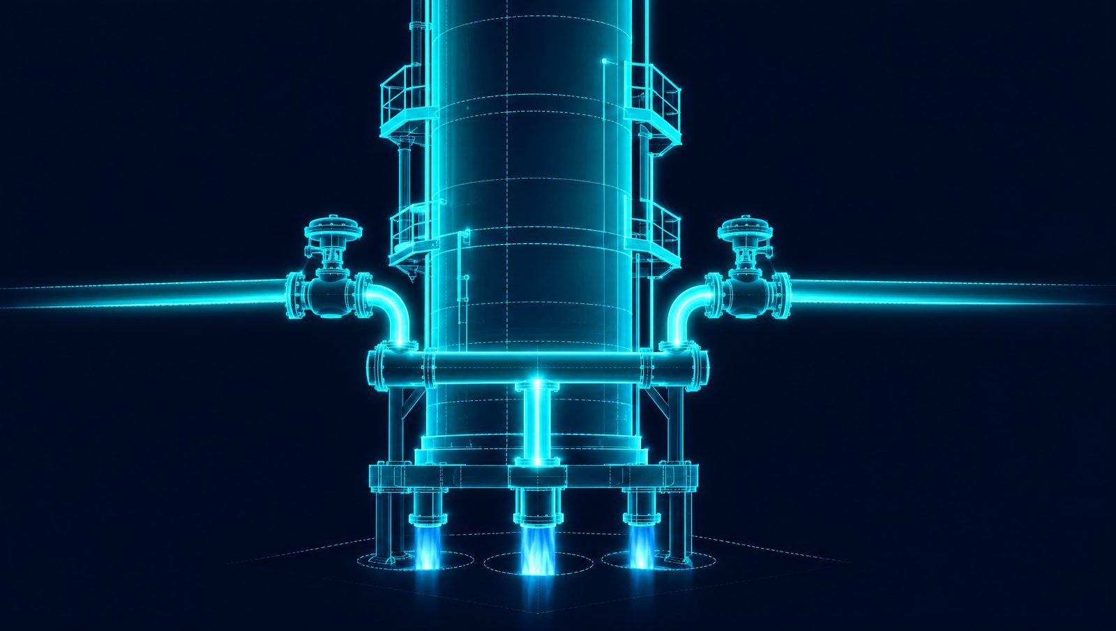Wireframe illustration of a refinery fuel gas mix drum, blending header and burner manifold under a fired heater
