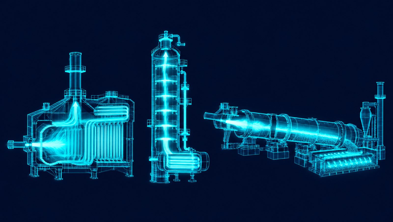 Wireframe illustration of a fired heater, distillation column and cement kiln shown in cutaway