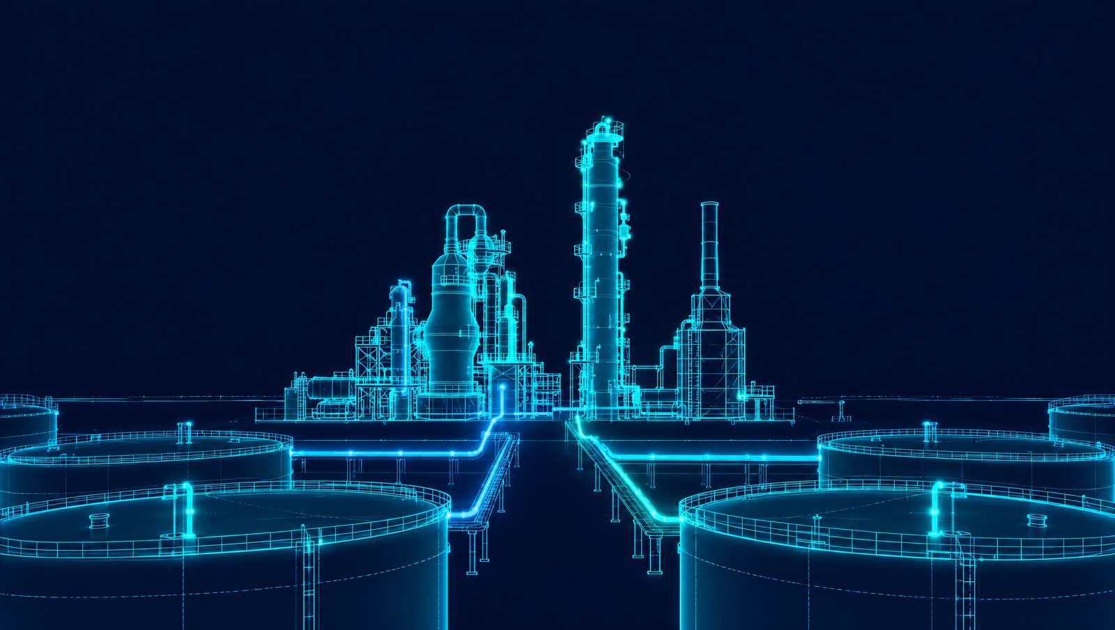 Wireframe illustration of a catalytic cracker and crude column behind a tank farm of floating-roof tanks