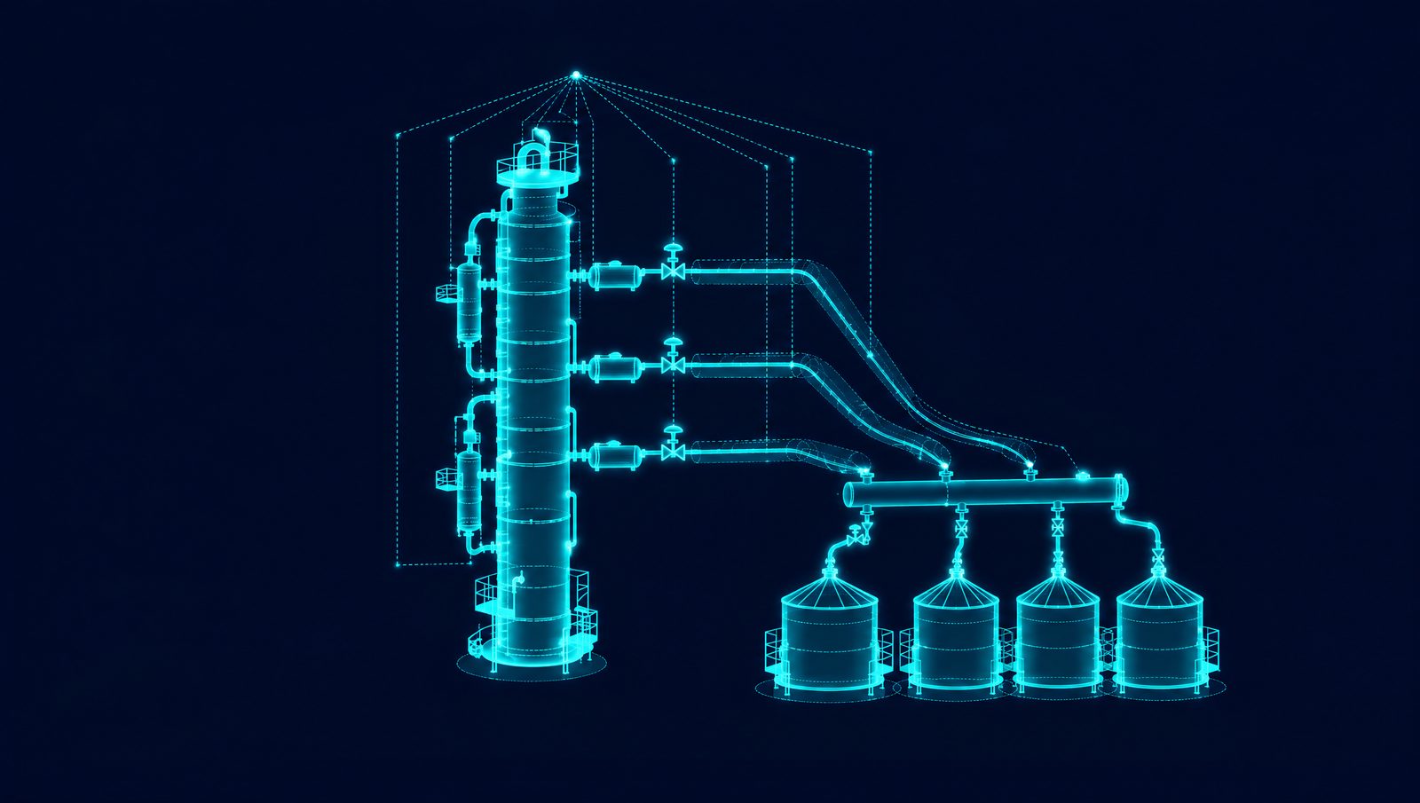 Wireframe drawing of a refinery distillation column and product tanks on a dark background