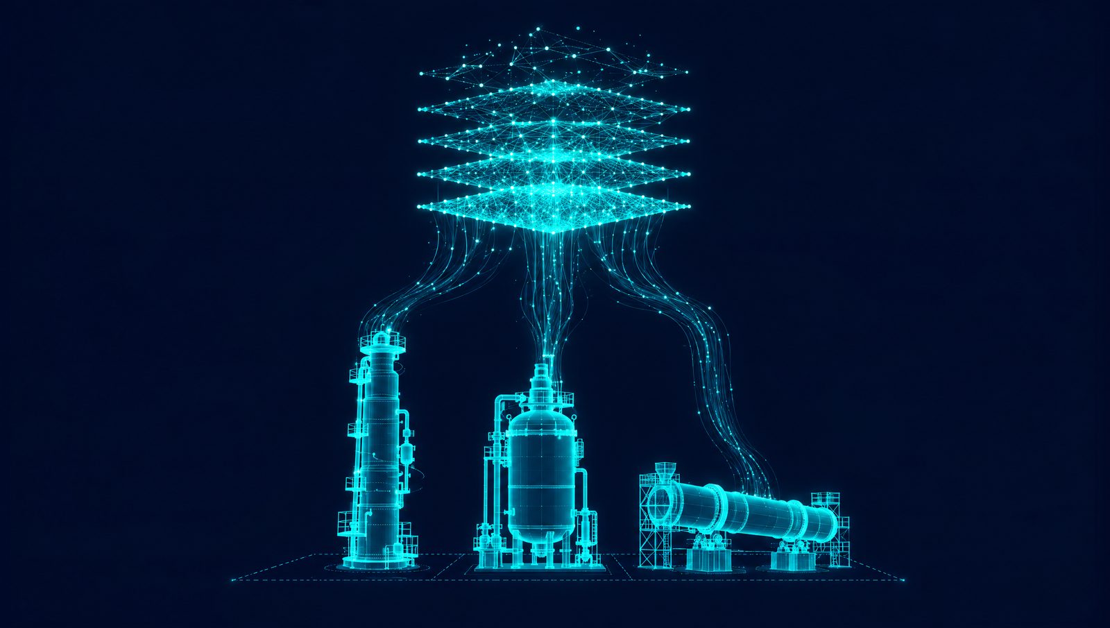 Wireframe illustration of a process model built from the operating data of a distillation column, a reactor and a cement kiln