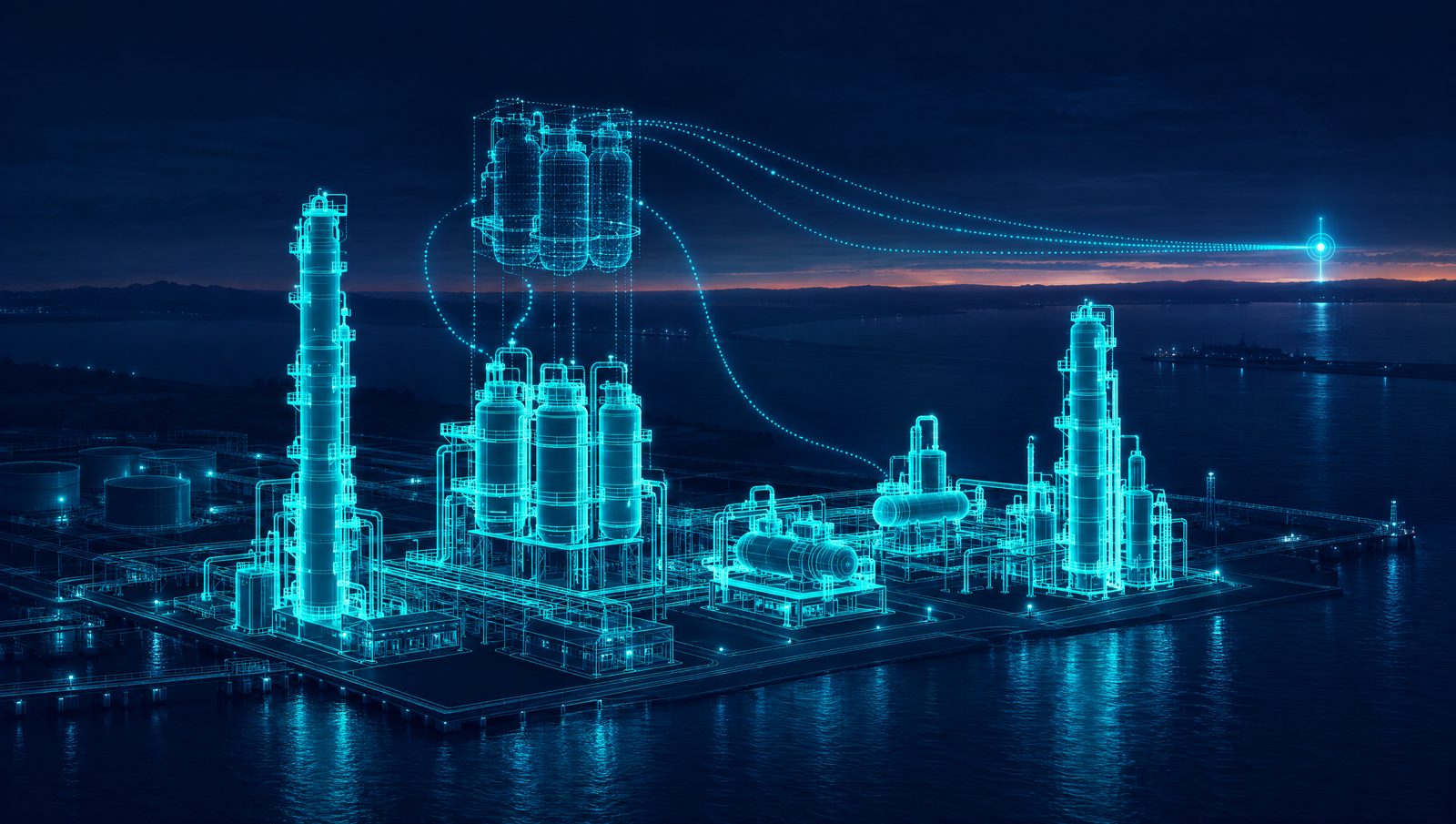 Wireframe illustration of refinery crude and conversion units with a process model drawn above them