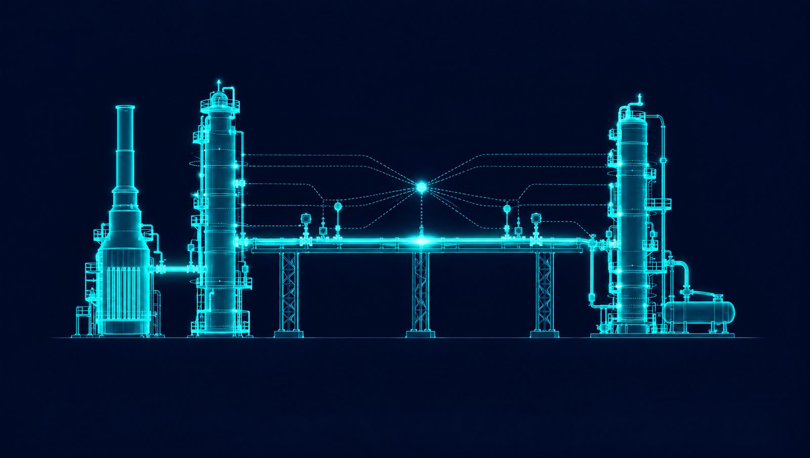 Wireframe illustration of a crude unit, a cement kiln line and a polymer reactor, each with an execution path running down through its control loop