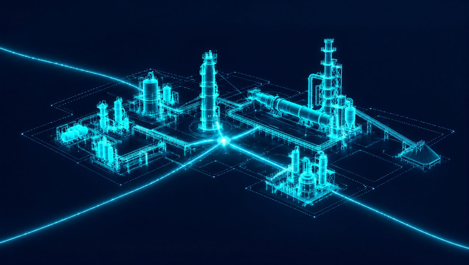 Wireframe illustration of a refinery column, a polymer reactor, a cement kiln and a grinding mill linked to one shared view of plant operations