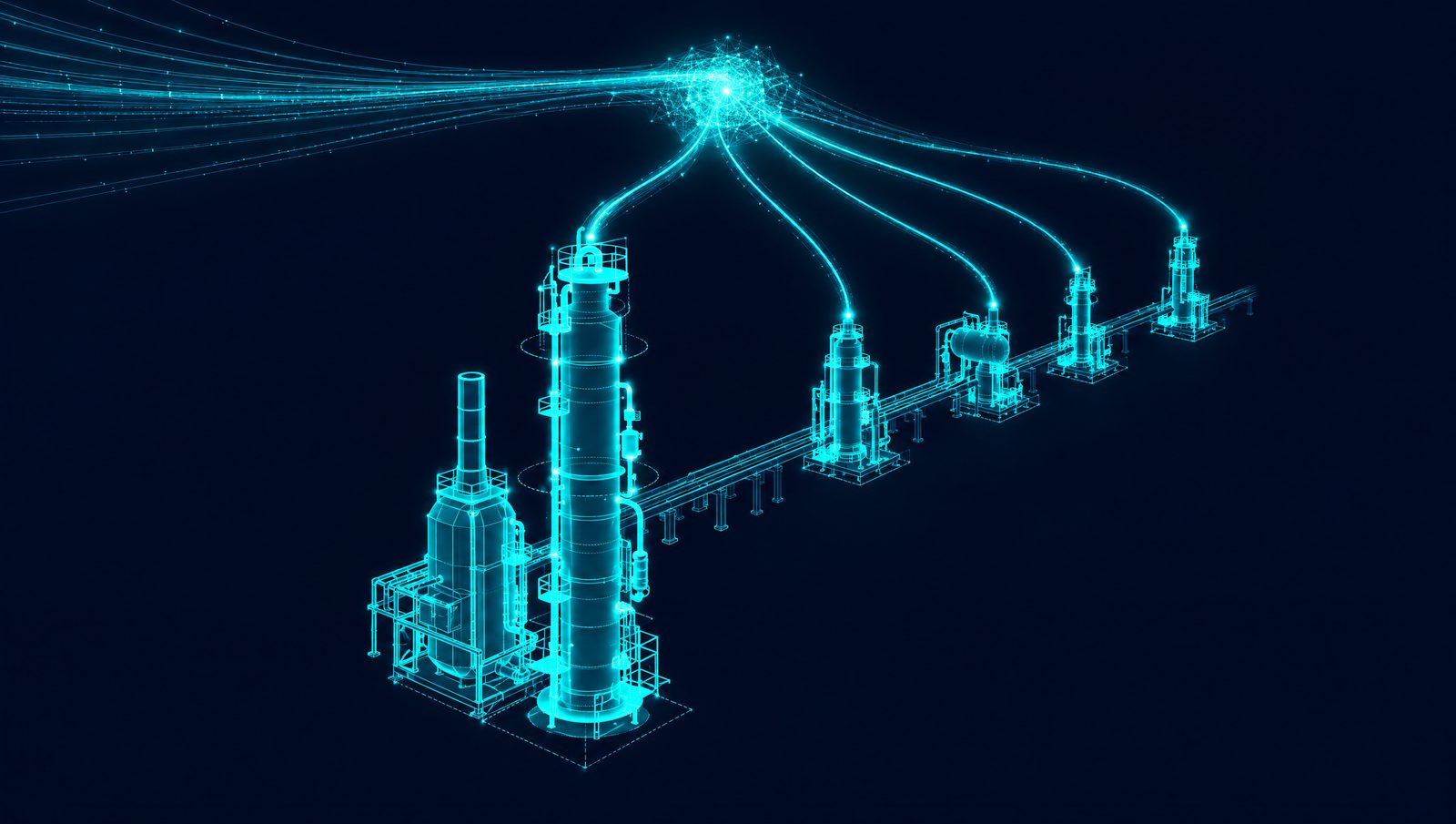 Wireframe illustration of one process model branching out to a refinery column, a cracker furnace, a cement kiln and a grinding mill
