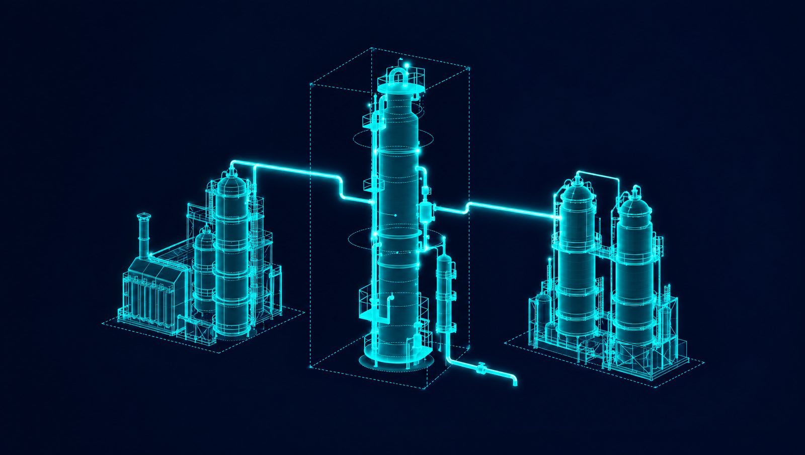 Wireframe illustration of a crude unit with its kerosene side stripper feeding a reformer and a hydrocracker