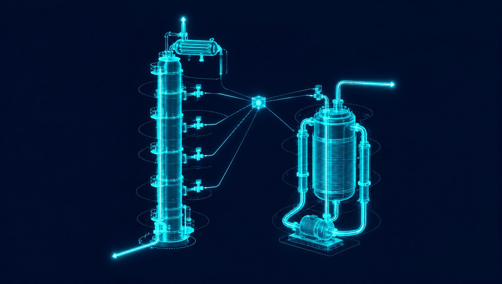 Wireframe rendering of a fractionator and a reactor surrounded by simulated operating trajectories