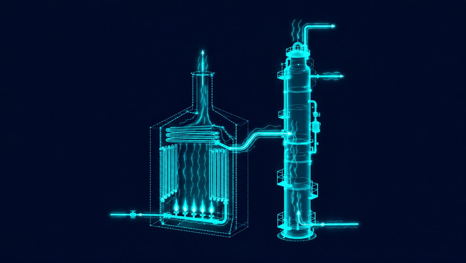 Wireframe rendering of a fired heater and distillation column with fuel and steam flows traced through the unit