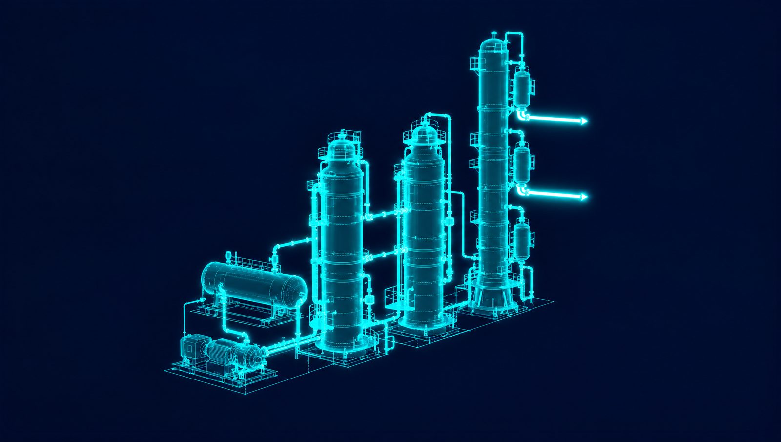 Wireframe illustration of a hydrocracker with two reactors in series, separator, recycle compressor, fractionator and side strippers