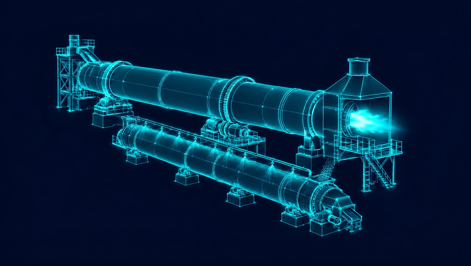 Wireframe illustration of a rotary kiln for calcining petroleum coke, with its burner hood and cooler