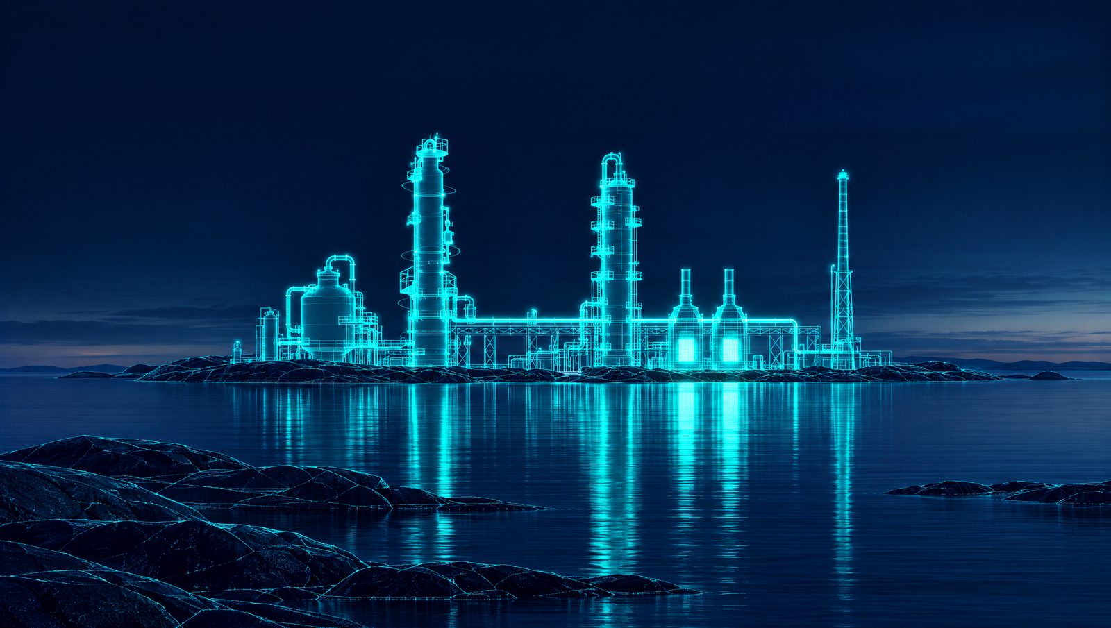 Wireframe illustration of a refinery fluid catalytic cracking unit with its reactor, regenerator and fractionator