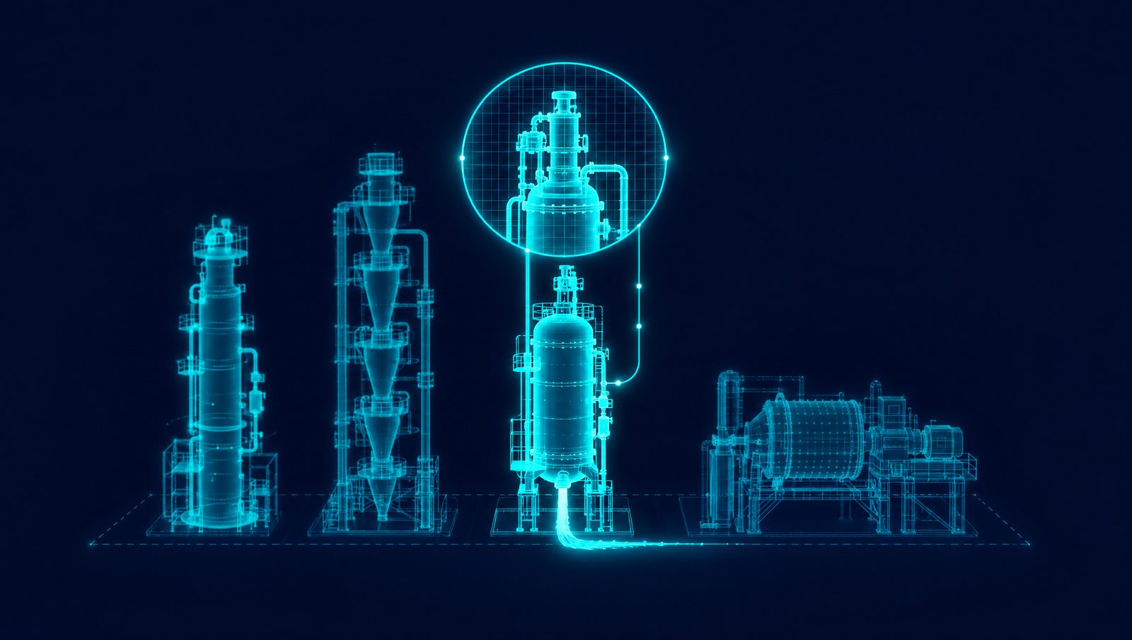 Wireframe illustration of four process units under a lens grid, with a control loop closing on one of them