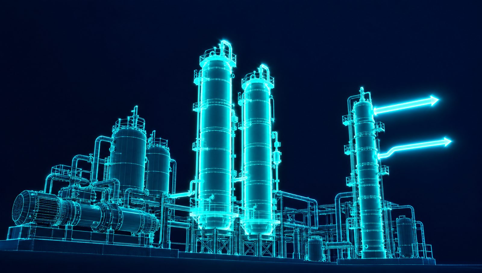 Wireframe illustration of a renewable diesel unit with pretreatment vessels, two reactors, hydrogen compressor and fractionator