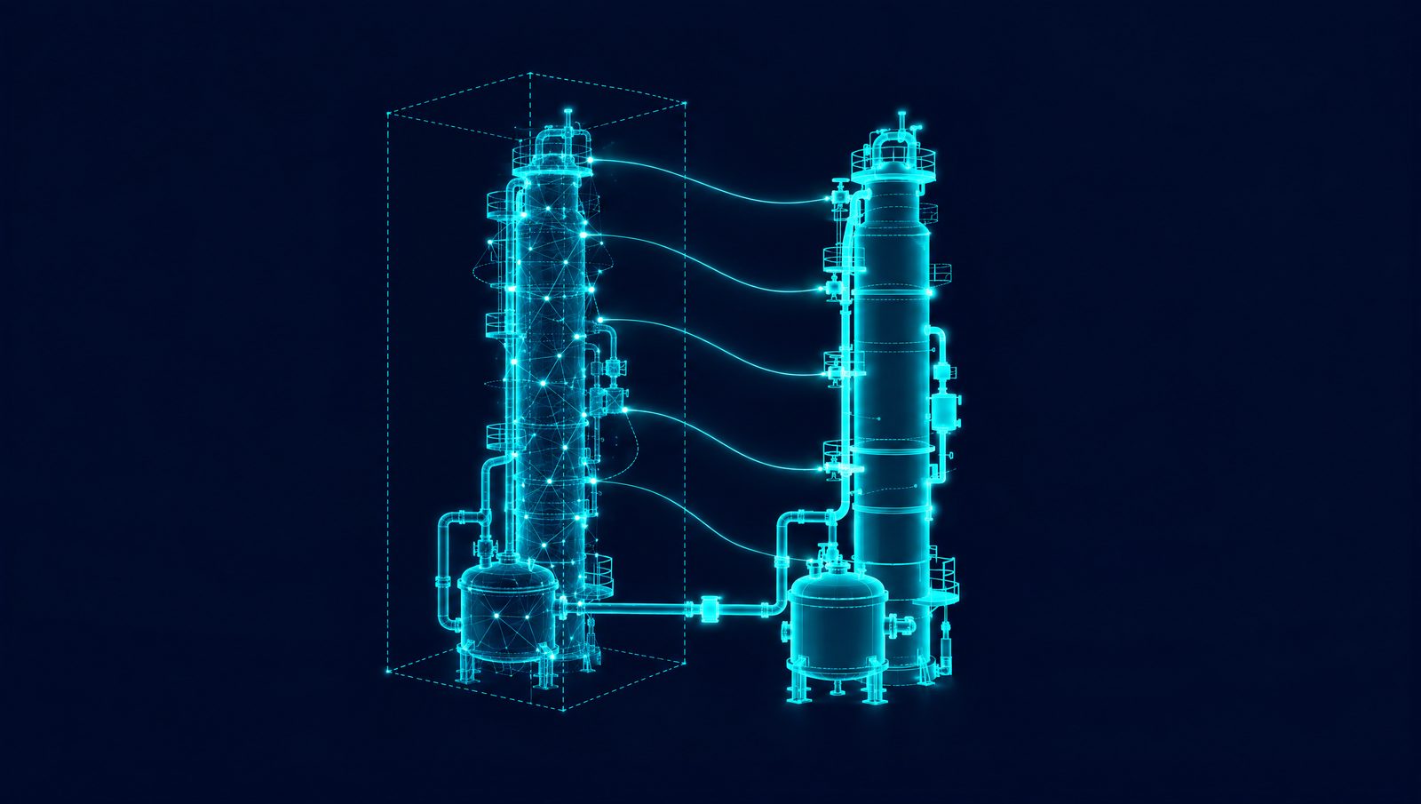 Wireframe drawing of a process unit beside its simulated copy, with a learned controller writing setpoints through the APC layer