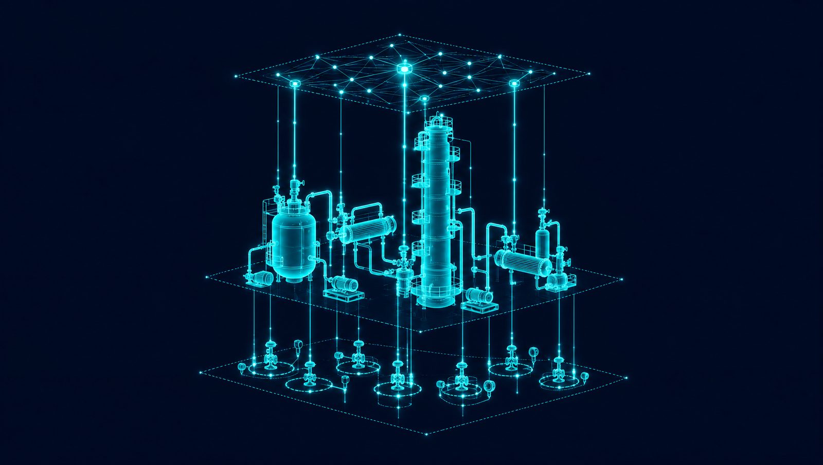 Wireframe illustration of a reactor and distillation column in stacked layers of control loops and signal lines
